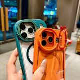 Fold Glass Lens Stand Magnetic Wrist Strap Clear Case for iPhone