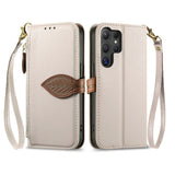 Leaf-Designed Leather Flip Cover Card Slot Lanyard Shockproof Case For Samsung