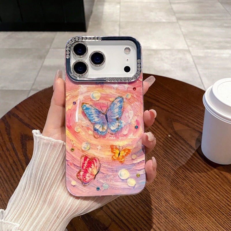 Oil Painting Flower Butterfly Rhinestone Anti-Drop Phone Case for IPhone