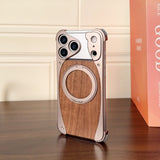 Walnut Wood Frameless Magnetic Case with Metal Rotating Stand for iPhone