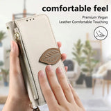 Leaf-Designed Leather Flip Cover Card Slot Lanyard Shockproof Case For Samsung