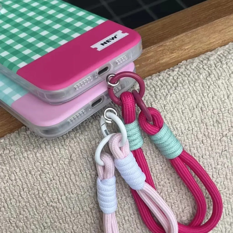 Color Plaid Splicing With Lanyard Phone Case for iPhone