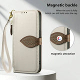 Leaf-Designed Leather Flip Cover Card Slot Lanyard Shockproof Case For Samsung