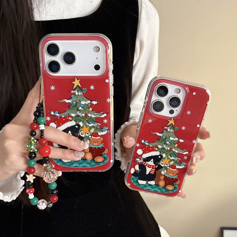 Christmas Tree and Black Cat Lanyard Phone Case for IPhone