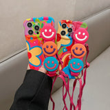 Wavy Edge Graffiti Smiley Face Crossbody Wrist Strap Case For iPhone