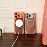 Walnut Wood Frameless Magnetic Case with Metal Rotating Stand for iPhone