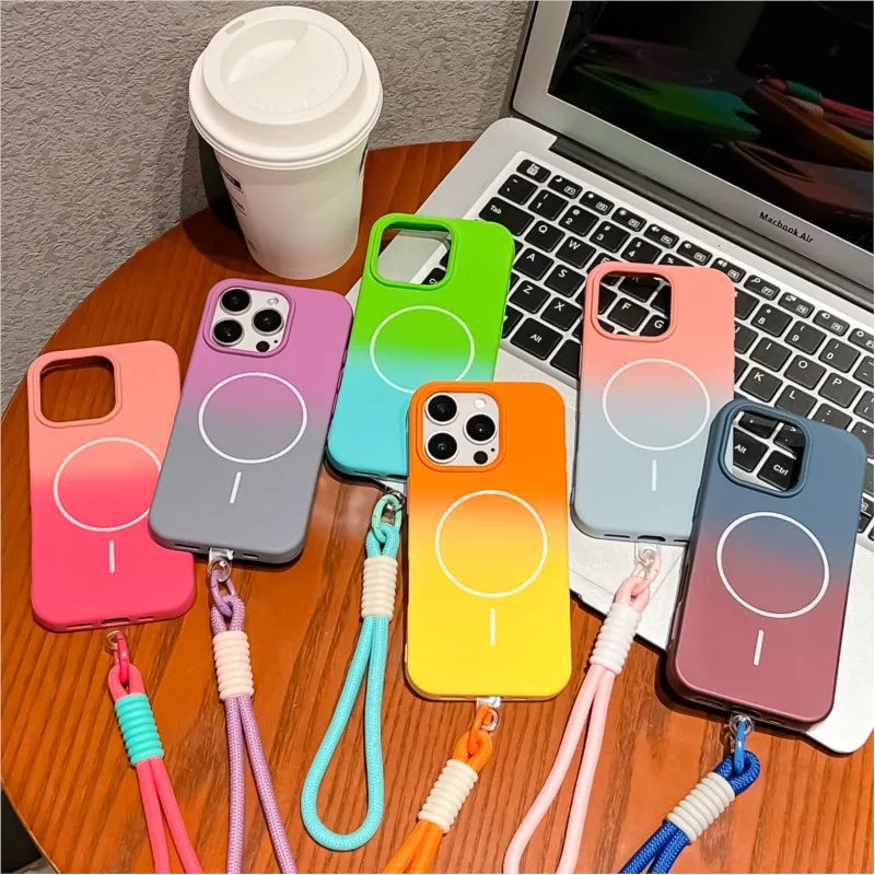 Liquid Silicone Gradient Colorful Hand Strap Magnetic Case for iPhone