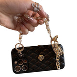 Leather Quilted Camellia with Pearl Bracelet Phone Case for iPhone