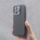 Luxury Alloy Lens Frame Particle PU Leather Magnetic Case for iPhone