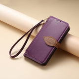Leaf-Designed Leather Flip Cover Card Slot Lanyard Shockproof Case For Samsung