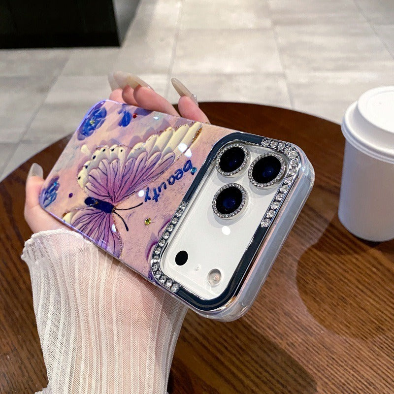Oil Painting Flower Butterfly Rhinestone Anti-Drop Phone Case for IPhone