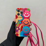 Wavy Edge Graffiti Smiley Face Crossbody Wrist Strap Case For iPhone