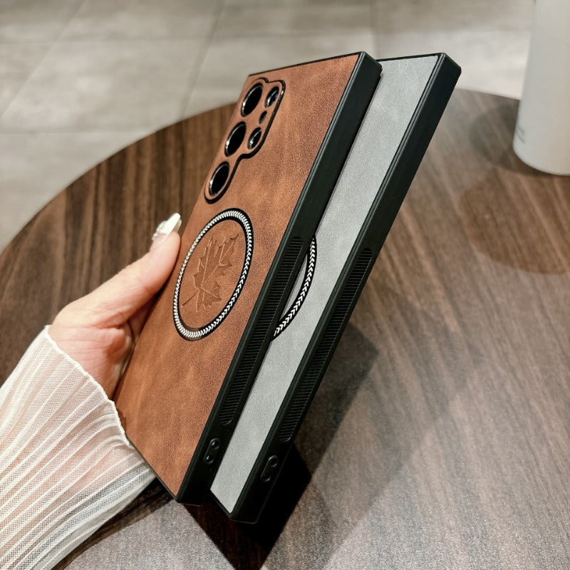 Luxury Sheepskin Maple Leaf Magnetic Phone Case for Samsung