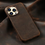 Retro Full Grain Cowhide Genuine Oiled PULL-UP Leather Magnetic Case for iPhone