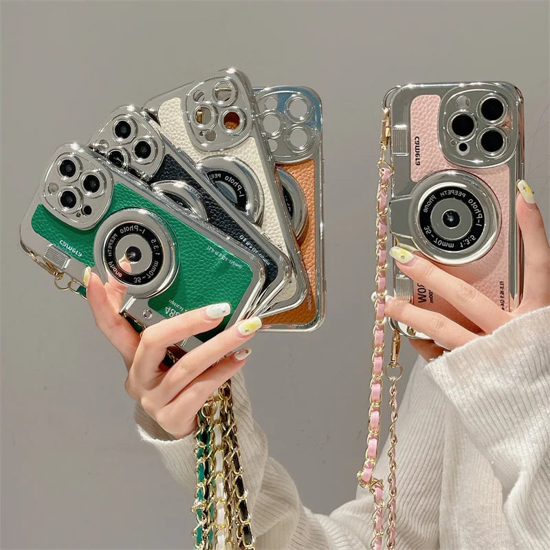 Retro Camera With Lanyard Leather Case For iPhone