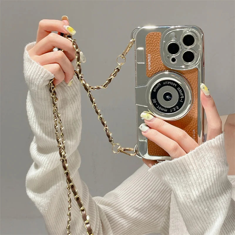 Retro Camera With Lanyard Leather Case For iPhone