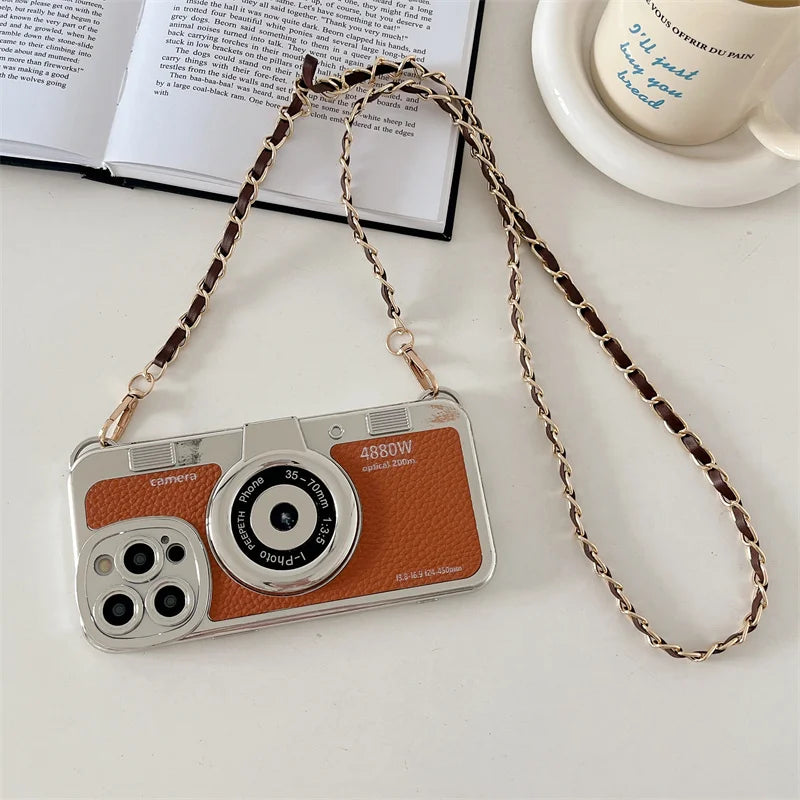 Retro Camera With Lanyard Leather Case For iPhone