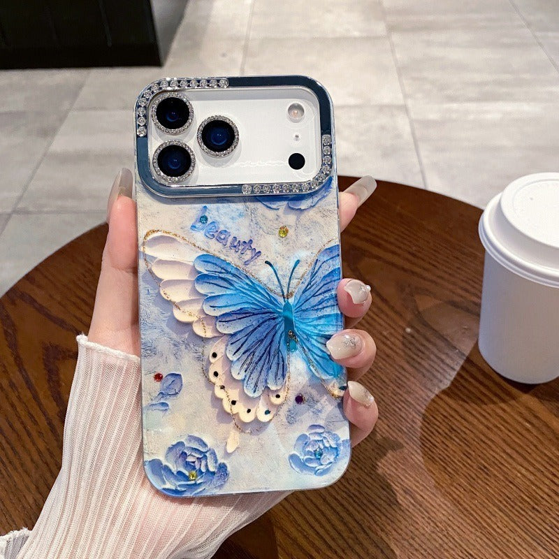 Oil Painting Flower Butterfly Rhinestone Anti-Drop Phone Case for IPhone