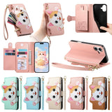 Cute Cat Card Holder Wallet Lanyard Case for iPhone