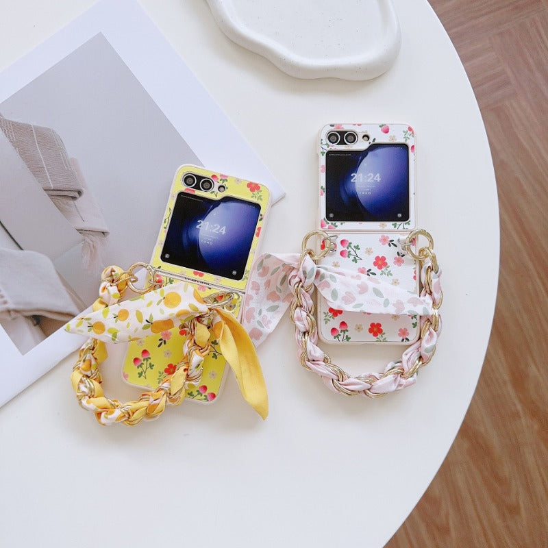 Pastoral Style Small Flower Silk Hand Strap Case For Samsung