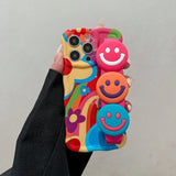 Wavy Edge Graffiti Smiley Face Crossbody Wrist Strap Case For iPhone