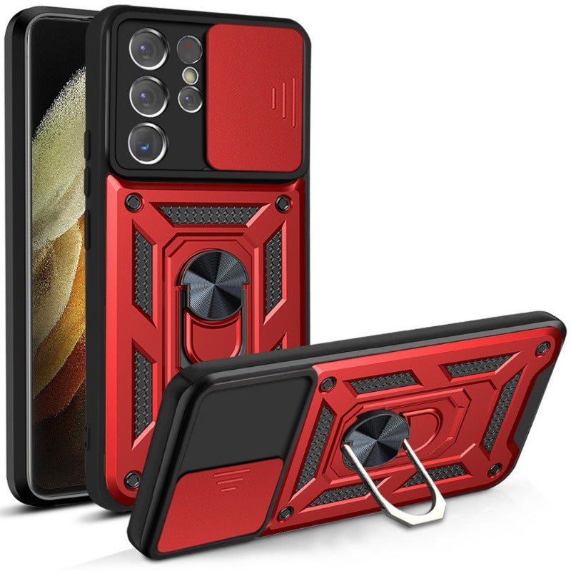 Lens-Mounted Sliding Window Phone Case with Stand for Samsung