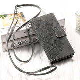 Leather Sun Embossing Flip Wallet Case with Lanyard for iphone