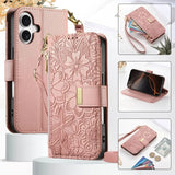 Floral Design Leather Zipper Crossbody Flip Wallet Card Slot Phone Case for IPhone