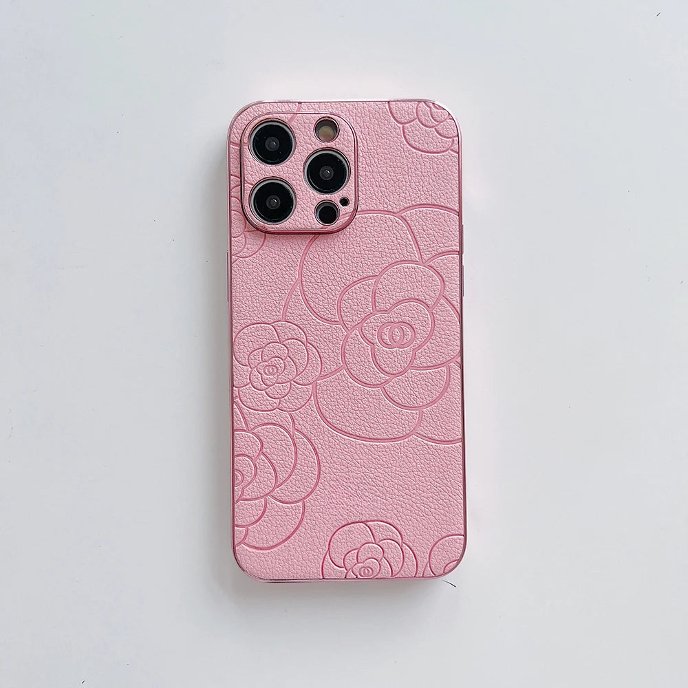 Luxury 3D cute camellia flowersl leather Case for iPhone