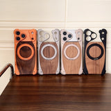 Walnut Wood Frameless Magnetic Case with Metal Rotating Stand for iPhone
