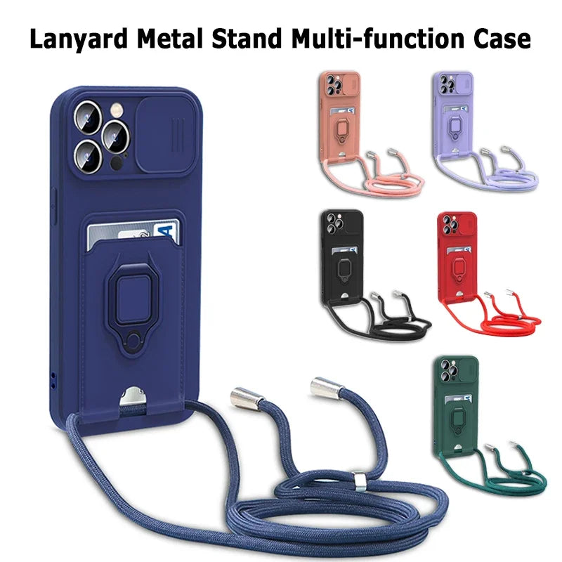 Lanyard Multifunction Metal Stand Case For iPhone